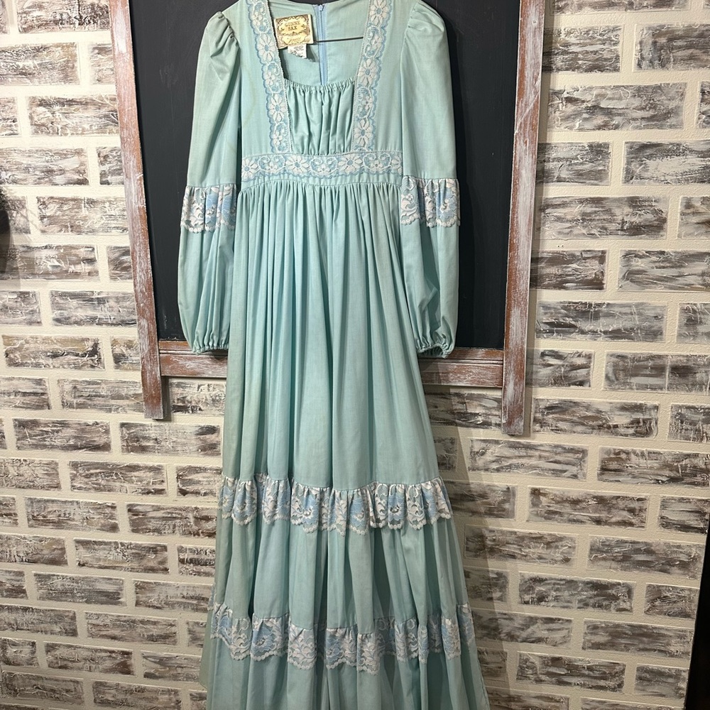 Vtg Gunne Sax Jessica McClintock Maxi Tiered Dress Lace Blue Boho Peasant Size 7